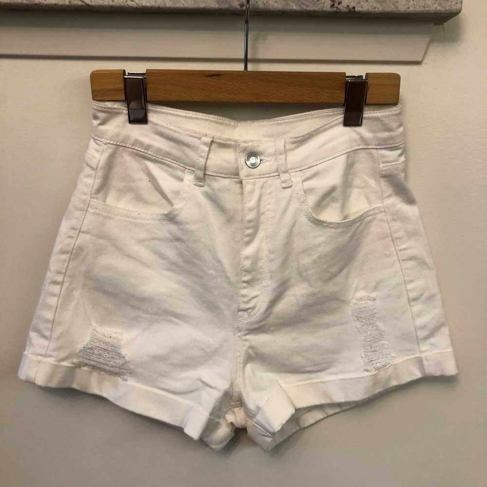 H&M Distressed High Waisted White Jean Shorts